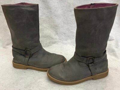 Garnet Hill Girls Gray Italian Leather Fashion Side Zip Harness Boots Sz 2 Youth