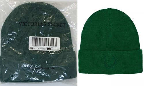 Victoria's Secret PINK Rib Knit Beanie LOGO Creamer Black Ivy Green NWT - Picture 3 of 6