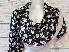 Calvin Klein 100% Silk Scarf Long Rectanle Black White Stripe Fringe Logo 70*17"