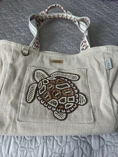 Sun 'N' Sand Turtle Shoulder Tote  Beige Turtle Embroidered Tote