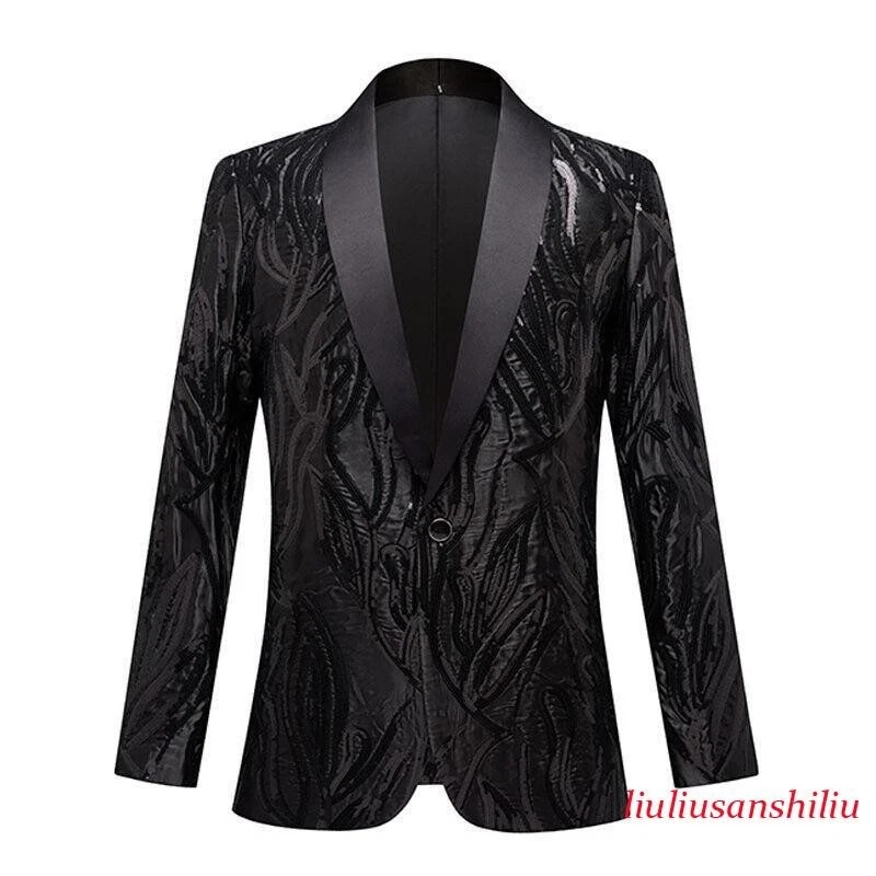 Men's Classic Lapel Sequin Suit Jackets Blazer One Button Shawl Stage Coats New
