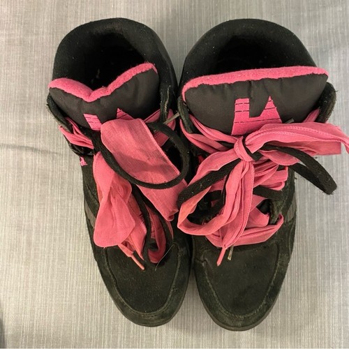 Women's Suede Black and Pink High-Top Sneakers Ribbon Laces 8 1/2 Vintage 90's - Picture 6 of 9