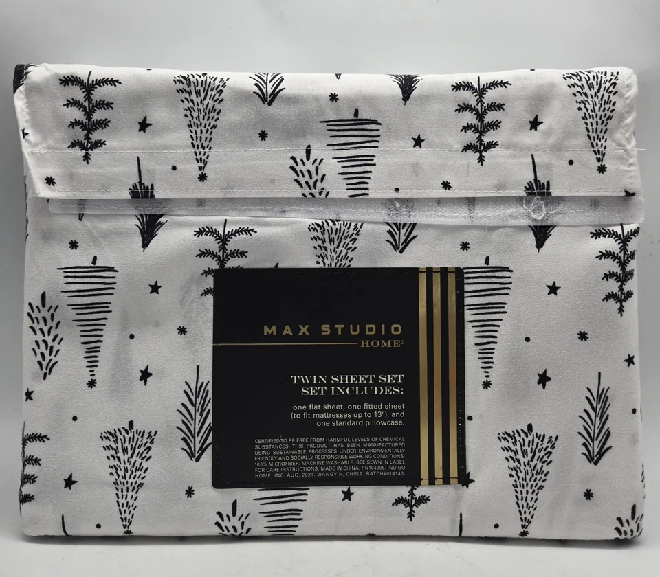 Max Studio Twin Sheet Microfiber White With Black Christmas Trees & Stars New - Image 2 of 4