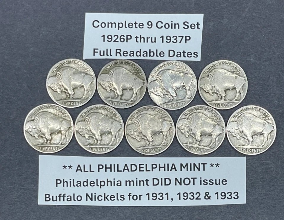 Complete FULL DATE Buffalo Nickels Set of 9 COINS 1926P-1937P ~ SHARP SET! - Image 2 of 4