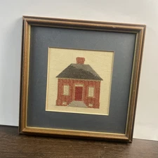 Vintage Primitive SALTBOX HOUSE Framed Completed Cross Stitch