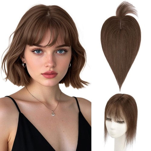 Human Hair Topper with Wispy Bangs, Clips on 360° 3D Cover Real Hairpieces Li...