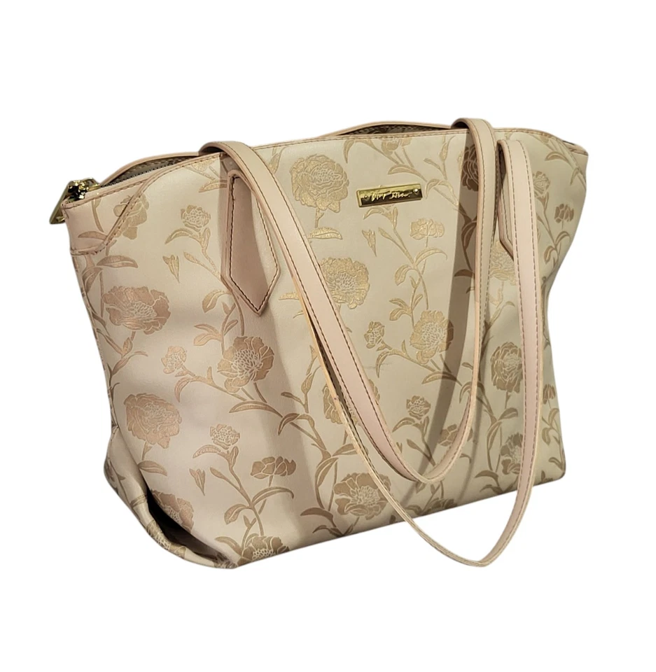 Betsey Johnson Greer Peony Tote Shoulder Bag Neutral Faux Leather Triple Entry - Image 2 of 4