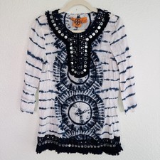 Tory Burch Tunic Womens 6 Tie Dye Mirror Embellished Boho Festival Top Beachy