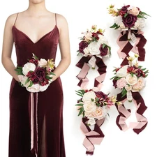 Ling's Moment Red Bridesmaid Bouquet Set of 4, Marsala and Blush Wedding Bouq...
