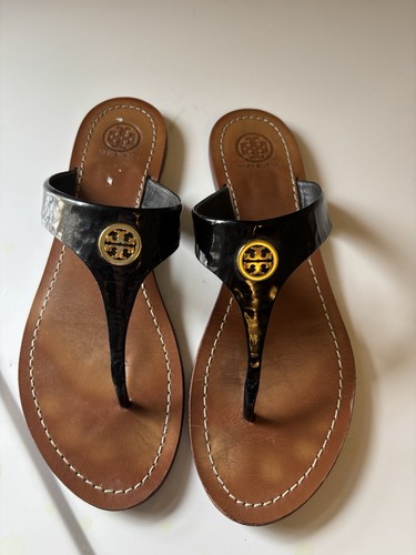 Tory Burch Claire Thong Sandal Size 9 Black Leather Gold Logo