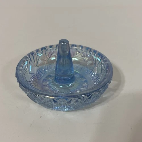 Vintage Fenton Blue Iridescent Glass Ring Holder Vanity Jewelry Trinket Dish