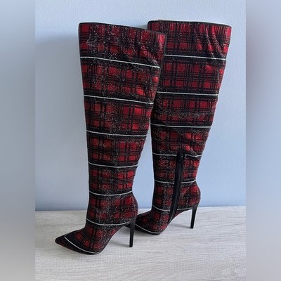 INC Women s Red Plaid Saveria Stiletto Zip Up Dress Heeled Boots Size 6