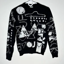 Kenzo Paris Sweater Small Scribble UFO Wool Jacquard Tubular Knit Black Shrank