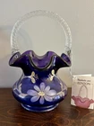 Fenton 1998 Historical Collection hand painted Royal Purple 8” Basket, numbered