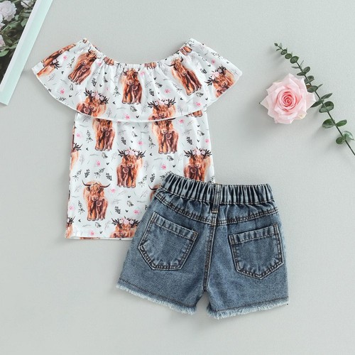 Toddler Kids Baby Girl 2Pcs Summer Outfit Set Cow Print Top Denim Shorts Clothes - Picture 4 of 12