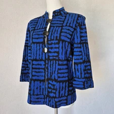 MING WANG Front-Button Cardigan Jacket 3/4 Sleeve Knit Geometric Blue Black Sz.S
