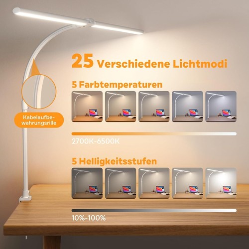 Doppelkopf Schreibtischlampe LED Dimmbar 24W 25 Beleuchtungsmodi Klemmbar Tagesl - Bild 2 von 7