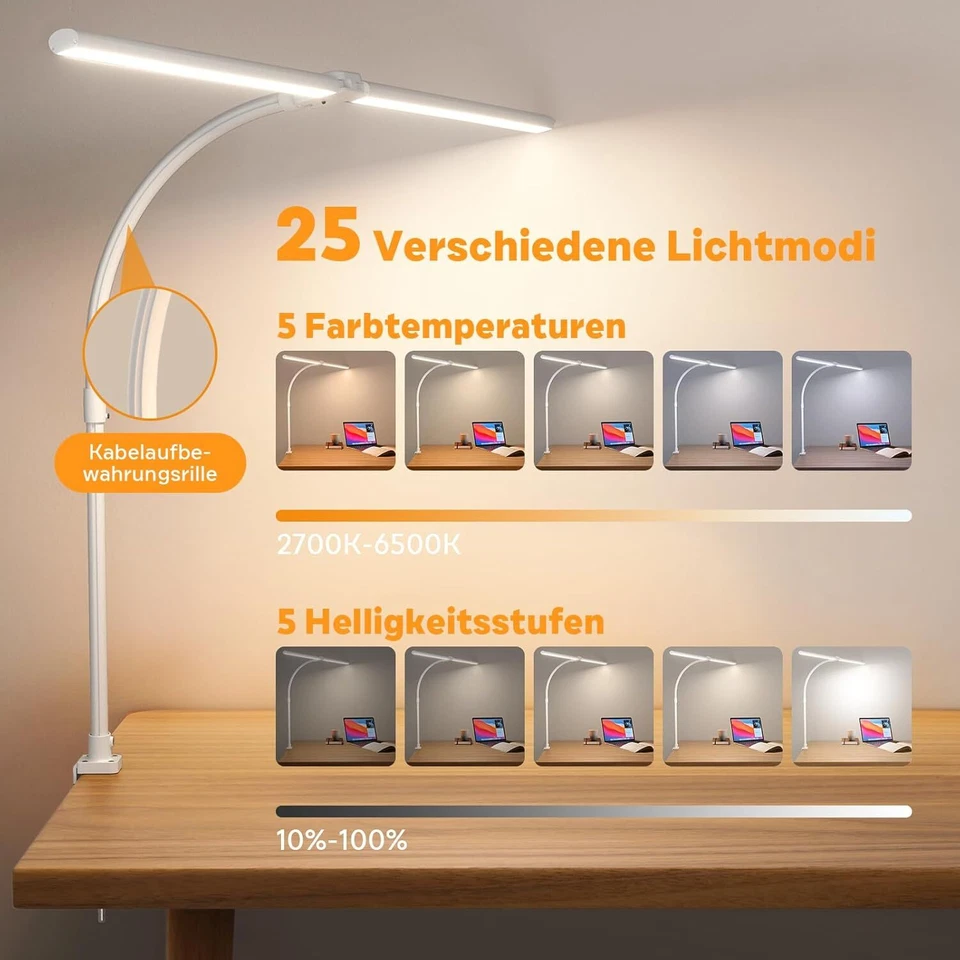 Doppelkopf Schreibtischlampe LED Dimmbar 24W 25 Beleuchtungsmodi Klemmbar Tagesl - Bild 2 von 4