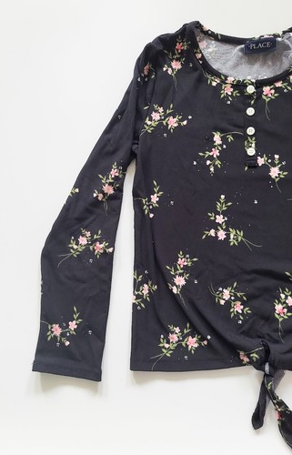 The Children's Place Girls Top Long Sleeve Black Pink Floral Knotted Front Sz 10 - Picture 2 of 5