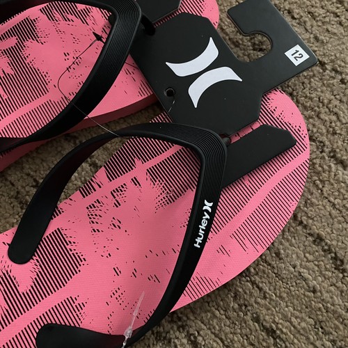 Hurley Tropical Palm Tree Mens Flip Flops Thong Sandals Pink Black Size 12 - Picture 3 of 5