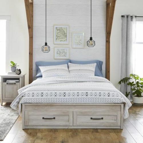 Rustic White Modern Farmhouse Queen Platform Bed Frame With Storage Drawers New Rustic White Modern Farmhouse Queen, Farmhouse Bed Frame With Drawers