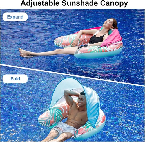 Pool Float with Canopy Headrest Inflatable Pool Chair with Cup Holder Adult Size - Picture 4 of 6
