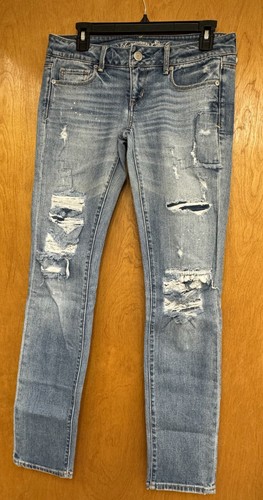American Eagle Outfitters jeans skinny donna 4 blu denim invecchiato *difetto