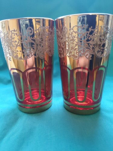 Vintage Arabic Tea Glasses x2 Embellished with 24c gold on red glass.non slip - Picture 2 of 7