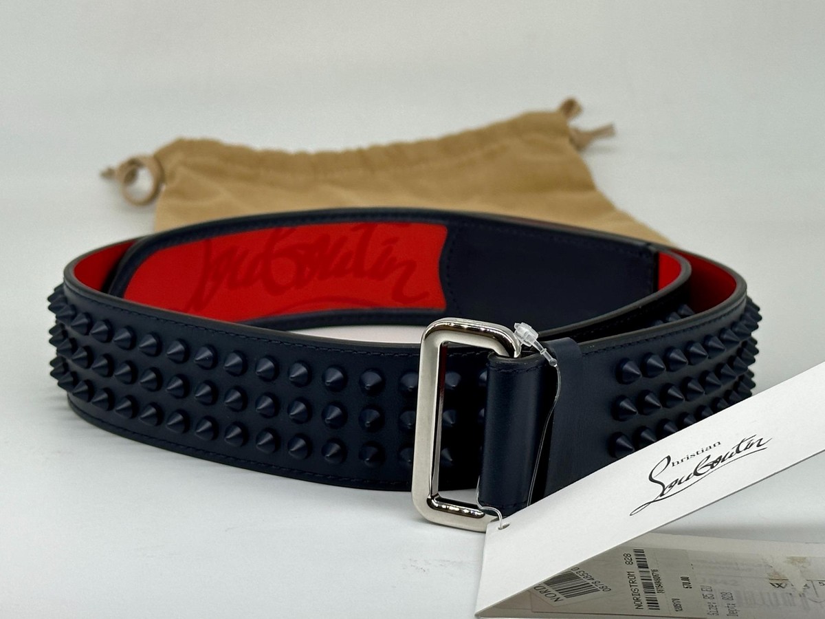 Christian Louboutin LOUBI Logo Spike Studded Leather Belt Navy Blue $670