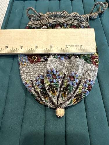 Antique Glass Beaded Drawstring Purse Clutch Reticule Crochet Top - Picture 10 of 10