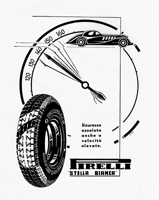 ADVERTISEMENT 1934 PIRELLI WHITE STAR TIRES CAR FUTURISM KILOMETER 