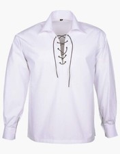 Men  s White Scottish Jacobite Ghillie Kilt Highland Shirt Long Sleeve Lace Up