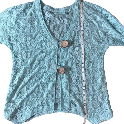 Womens M Turquoise Lace Cardigan Wooden Buttons & 3/4 Sleeves Beachy Resort Wear - Bild 7 von 9