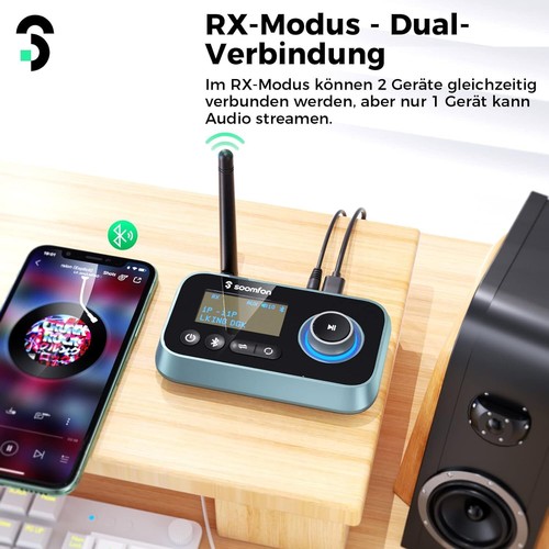 3-in-1 Bluetooth 5.0 Sender Empfänger für 2 Kopfhörer, SOOMFON Bluetooth Adapter - Bild 5 von 5