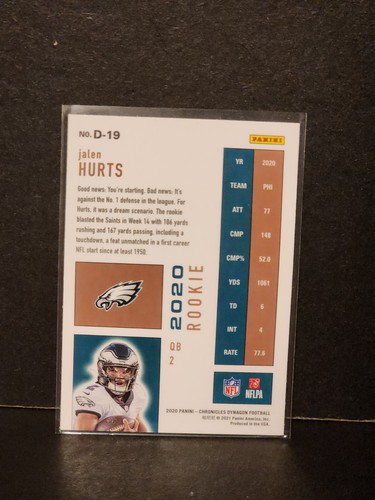 2020 Panini Chronicles Dynagon #D-19 Jalen Hurts Rookie (RC) EAGLES - Bild 2 von 2