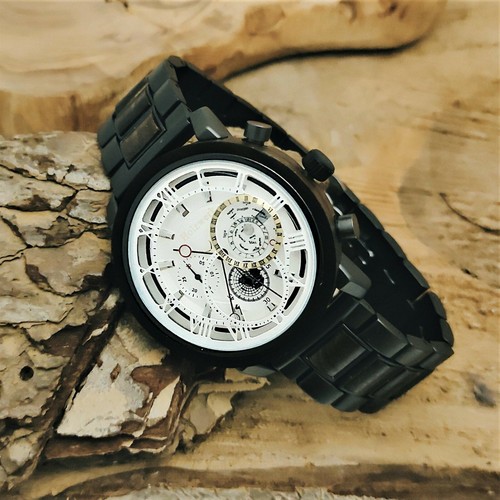 Holzwerk BRUCHSAL Damen & Herren Edelstahl & Holz Uhr Chronograph, schwarz, weiß - Picture 2 of 6