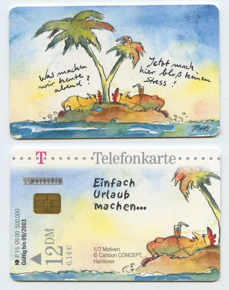 118805 - Hühner auf einsamer Insel / Karikatur - alte Telefonkarte - Bild 1 von 1