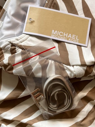 New! Michael Kors Striped One Piece Halter Swimsuit  Sz 8 MK Logo Ring, MSRP$114 - Picture 2 of 6