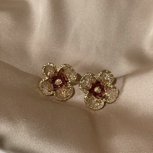 Anthropologie Flower Earrings Stud Gold Blue CZ Crystal Red Petal Boho VTG - Picture 3 of 8