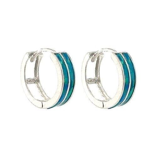 14k Yellow/White Gold Double Row Green Opal Huggie Hoop Earrings - Picture 2 of 5