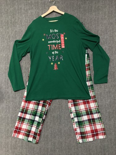 Christmas Pajama Set Mens Large Green Plaid Pants Holiday Long Sleeve - Picture 3 of 12