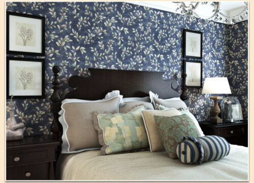 10M American Country Navy Blue Leaves Cherry Pure Paper Wallpaper Textured Roll - Picture 4 of 10