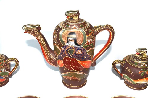 Vintage 18-teiliges japanisches Satsuma Moriage Drache Teeset Geisha Sun 1930-1940 - Bild 2 von 12
