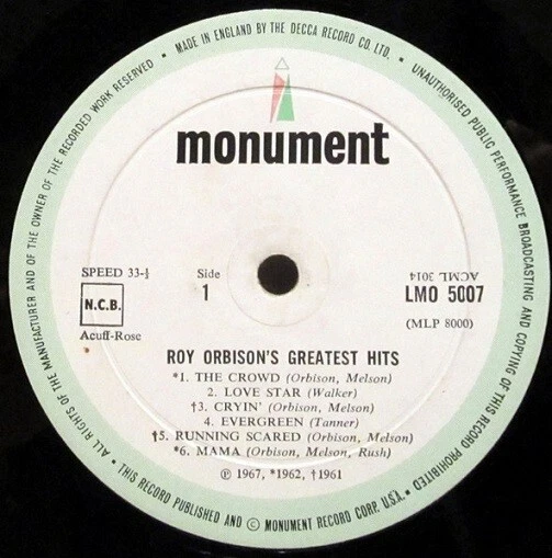 ROY ORBISON Greatest Hits Vinyl Record Album LP Monument 1967 Mono 1st Rock Pop - Image 2 of 4
