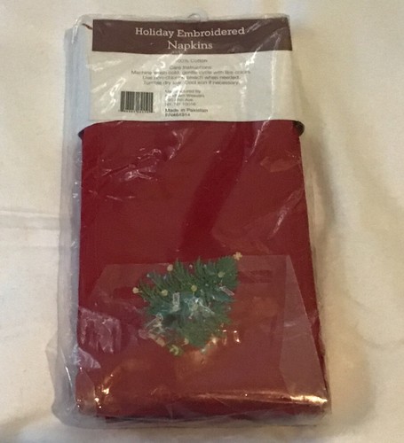 4er Set Weihnachtsbäume bestickte Servietten rot 100 % Baumwolle neu in Packung - Bild 3 von 5