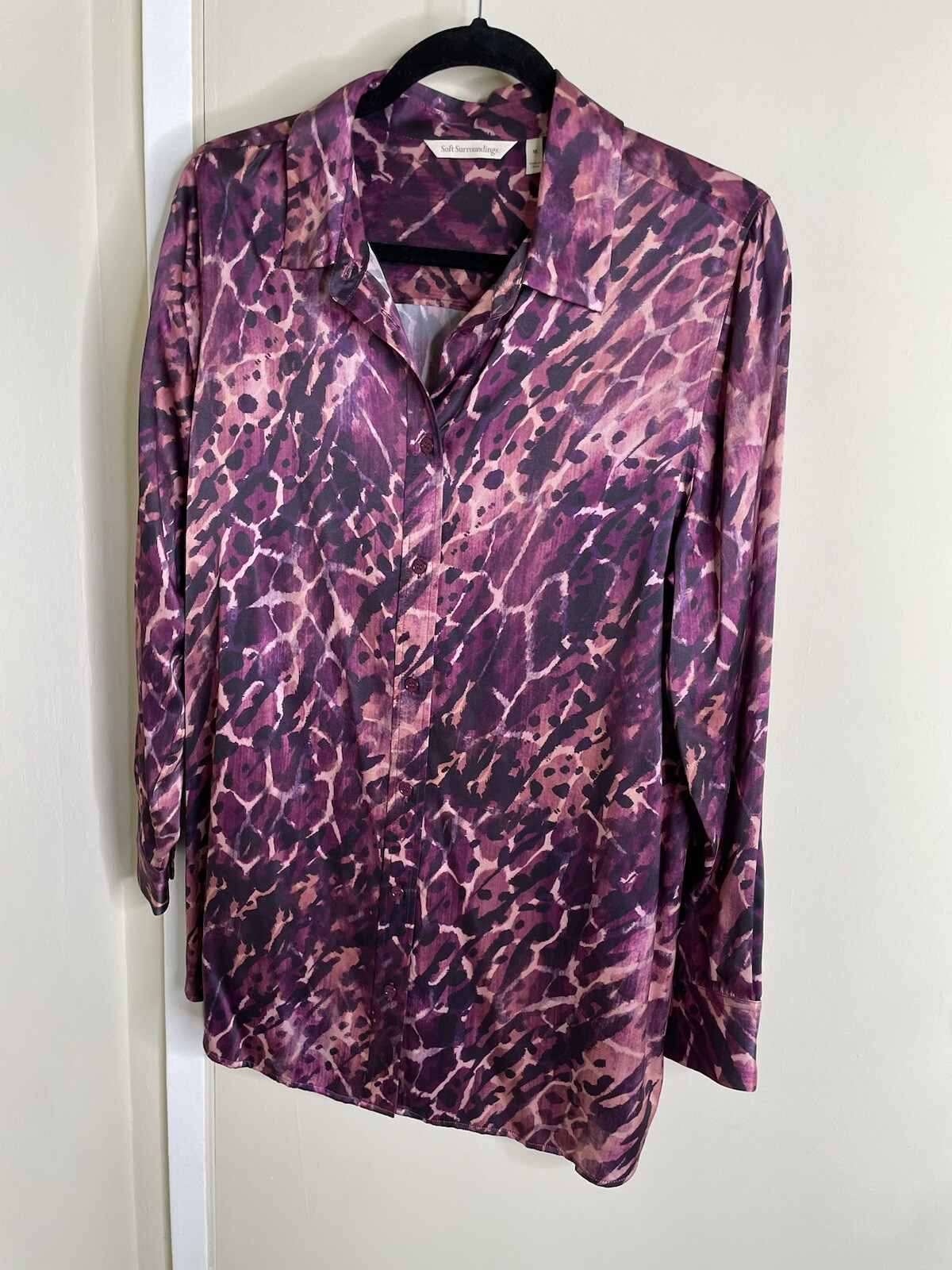 Soft Surroundings Blouse Medium 12/14 Vivi animal print button 100% Silk mauve