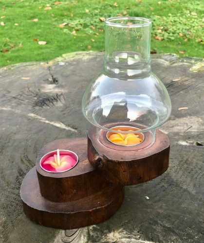 Two tier dark wood t-light candle holder with glass flame guard - Picture 1 of 4