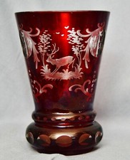 Ranftbecher ruby glass, glass cut, hunting motifs, lens cut, 13.6 cm, old