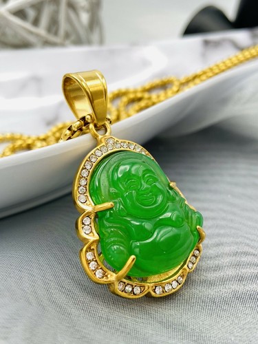 Collar Colgante Buda de Jade con Cristal Enchapado en Oro 18K Dije Hip Hop Cadena - Imagen 16 de 50