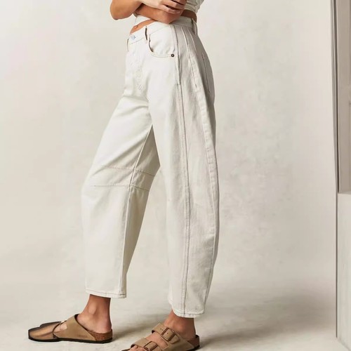 Jeans donna gamba larga vita media cropped barile denim pantaloni jeans larghi taglia 8-20 - Foto 10 di 48
